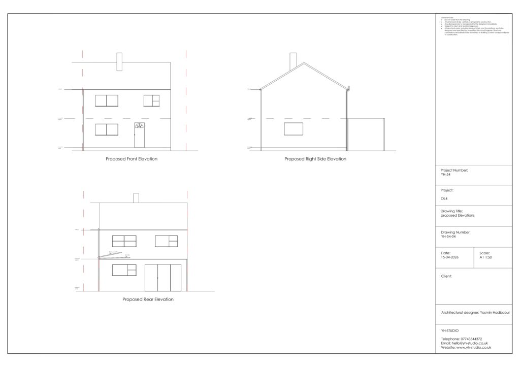 Rear extension building regulations drawings including plans, elevations, sections and construction details in Oldham.