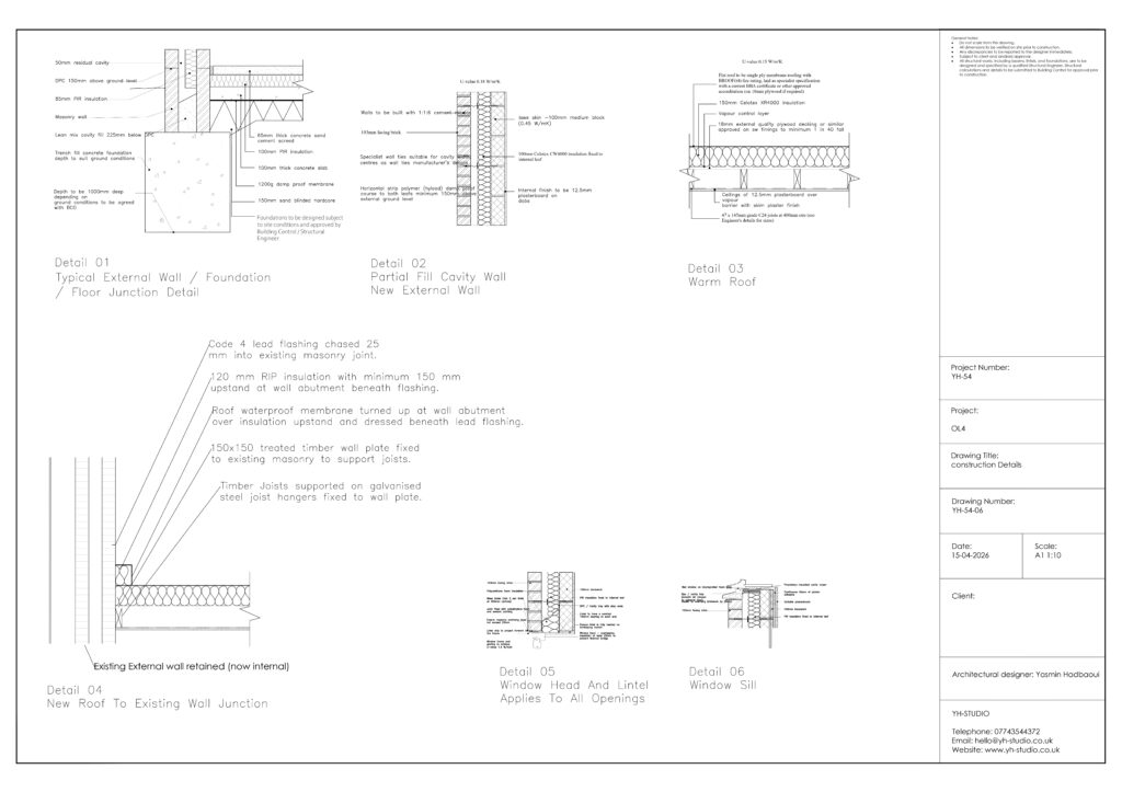 Rear extension building regulations drawings including plans, elevations, sections and construction details in Oldham.
