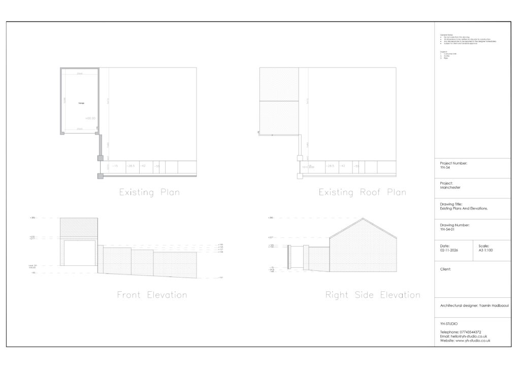 Garage conversion and rear extension building regulations drawings in Manchester showing plans, elevations, sections and construction details.