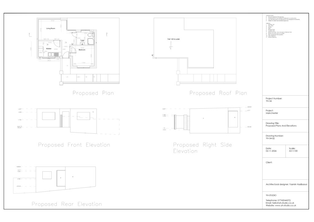 Garage conversion and rear extension building regulations drawings in Manchester showing plans, elevations, sections and construction details.