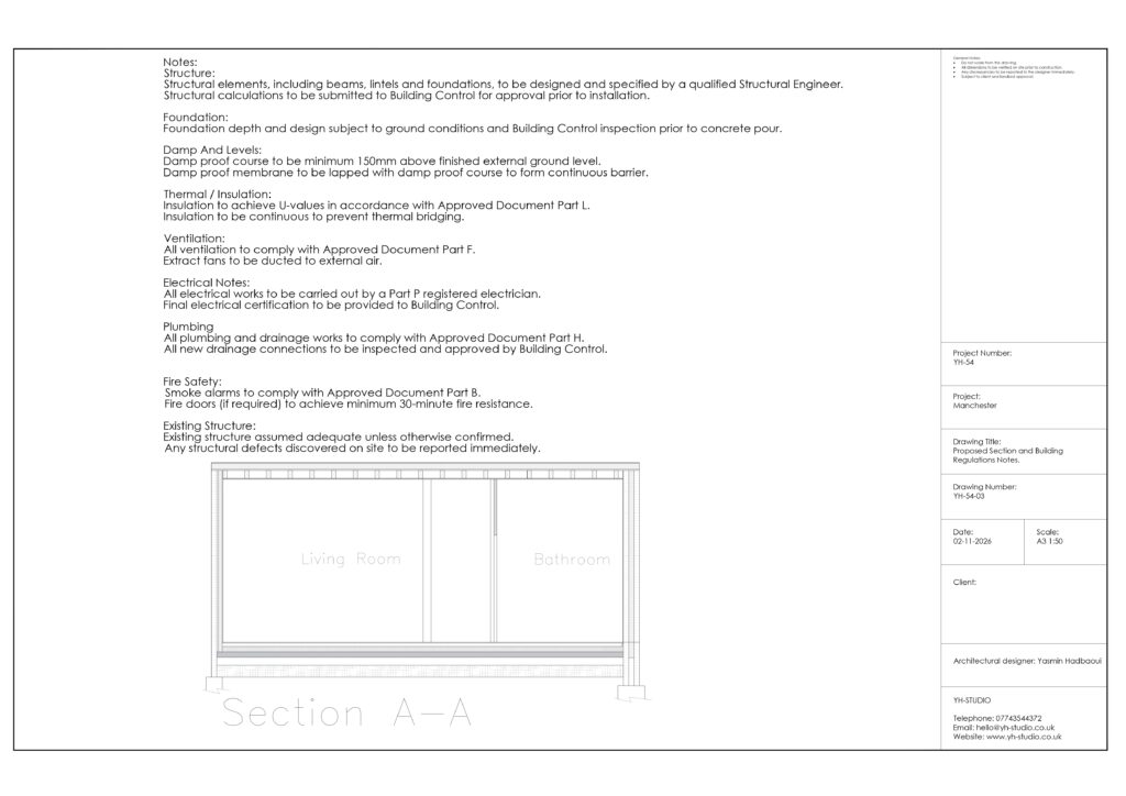 Garage conversion and rear extension building regulations drawings in Manchester showing plans, elevations, sections and construction details.
