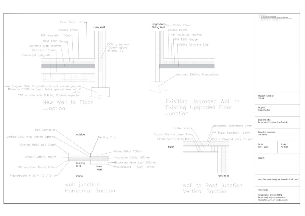 Garage conversion and rear extension building regulations drawings in Manchester showing plans, elevations, sections and construction details.